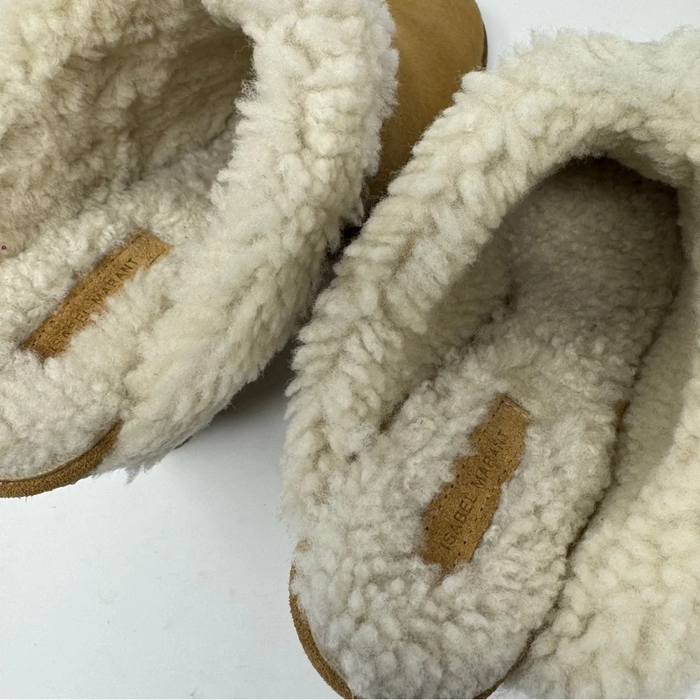 Isabel Marant's Tan Suede Leather Sherling 'Takita' Slip On Mule Wedges